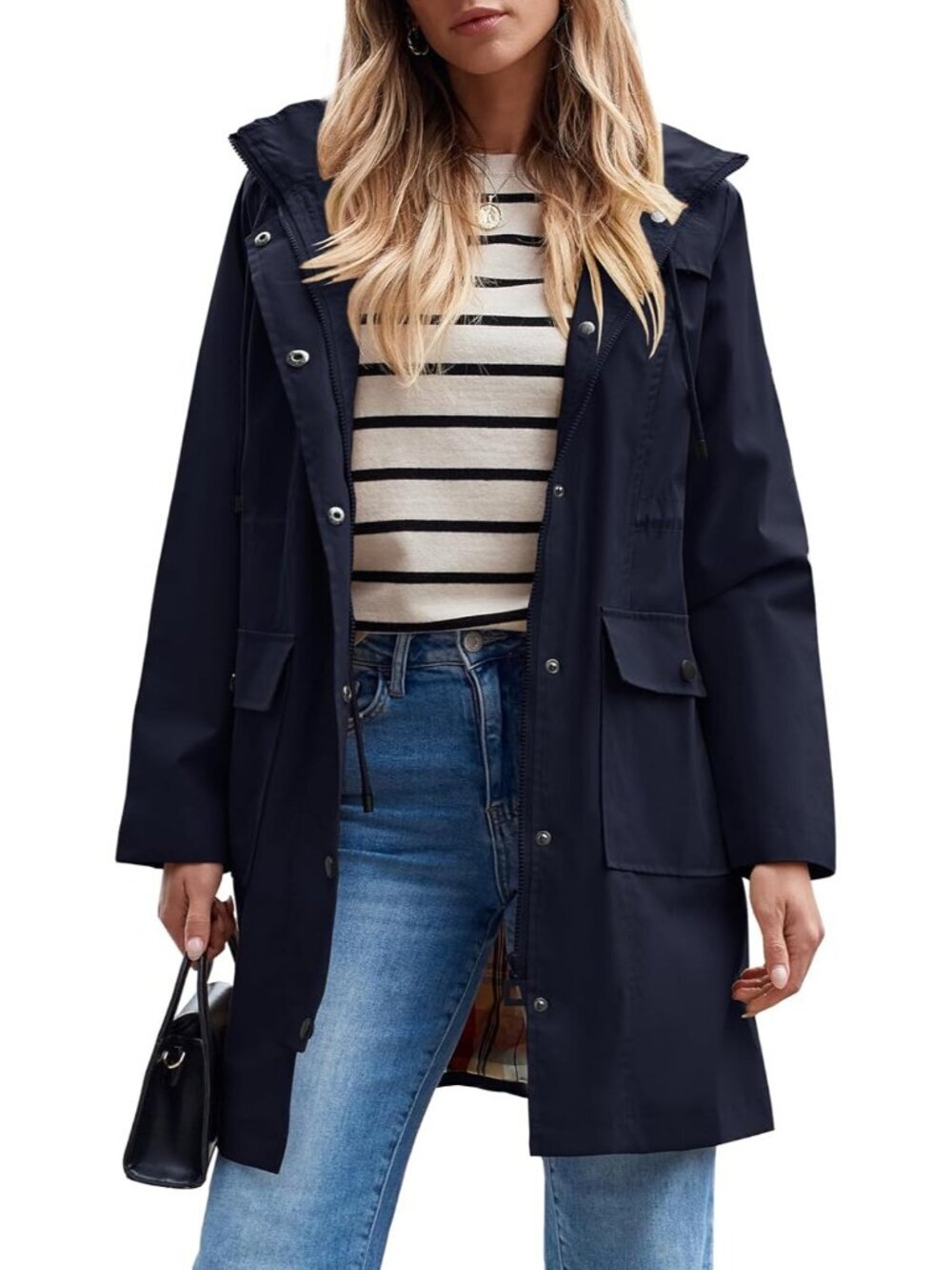 Women's Navy Long Raincoat Hooded Windbreaker Waterproof Trench Coat